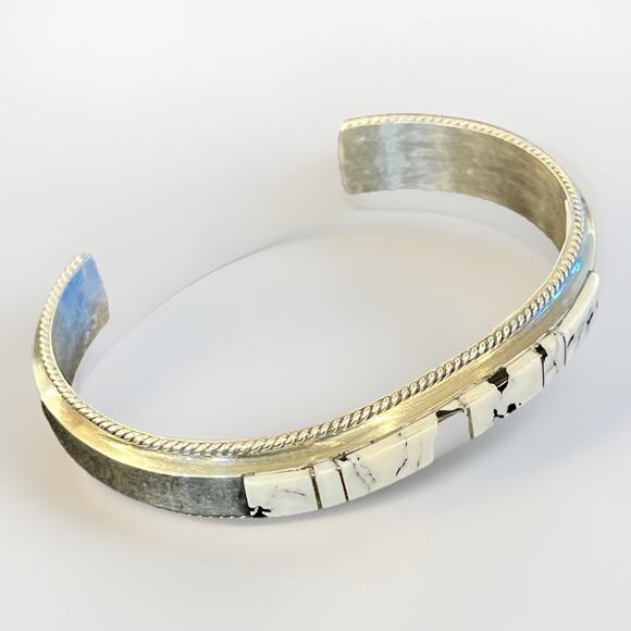 Navajo Handmade Sterling Silver White Buffalo Inlay Cuff Bracelet by F Yazzie - Picture 8 of 16